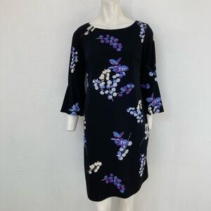 Roz & Ali Flutter 3/4 Sleeve Sheath Dress Size 10 Black Floral Purple Blue